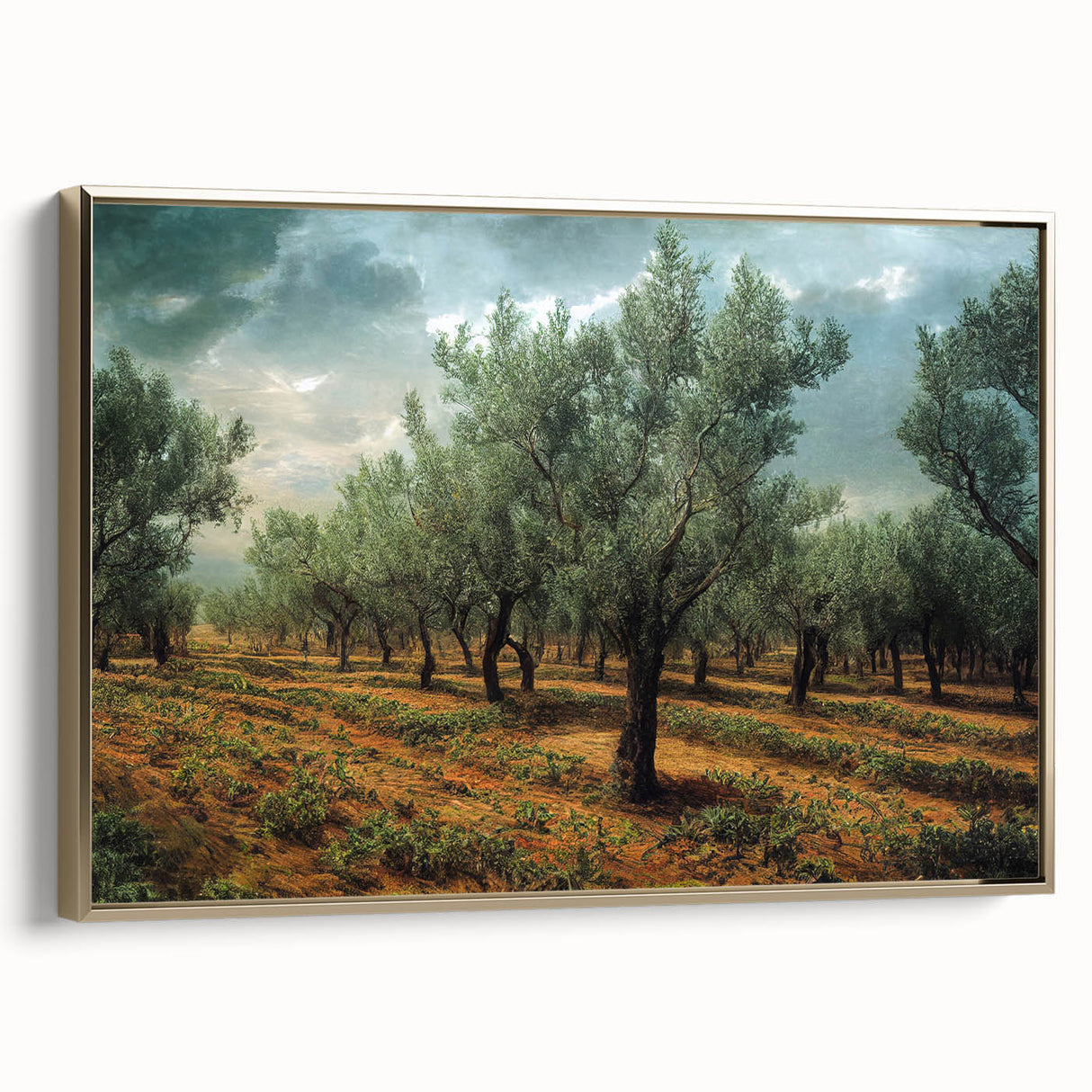 Vintage poster art of a European Albanian scenery on a framed canvas, featuring a blend of vibrant colors.