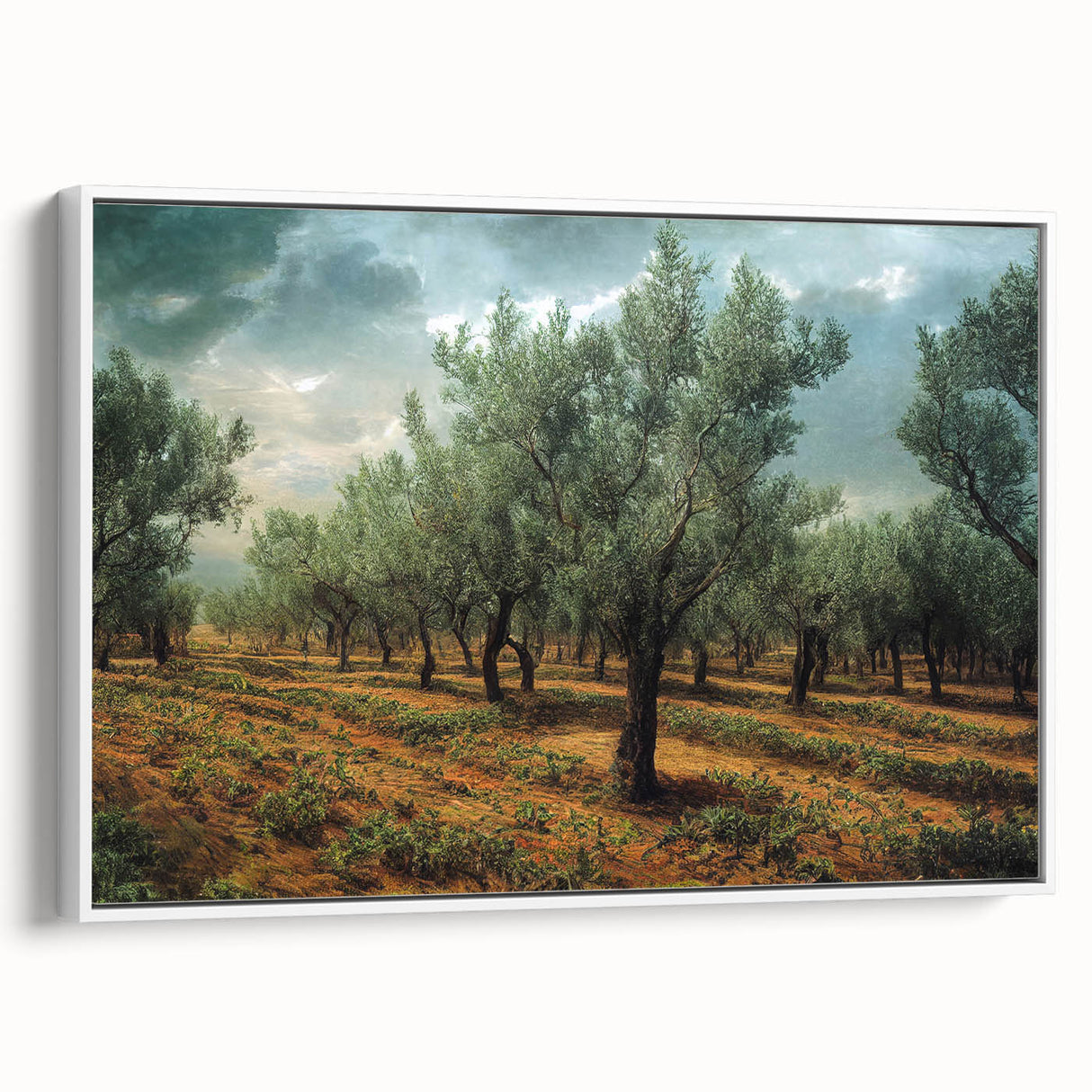Framed canvas featuring a vintage-style landscape art painting of an Albanian scenery in vibrant hues.