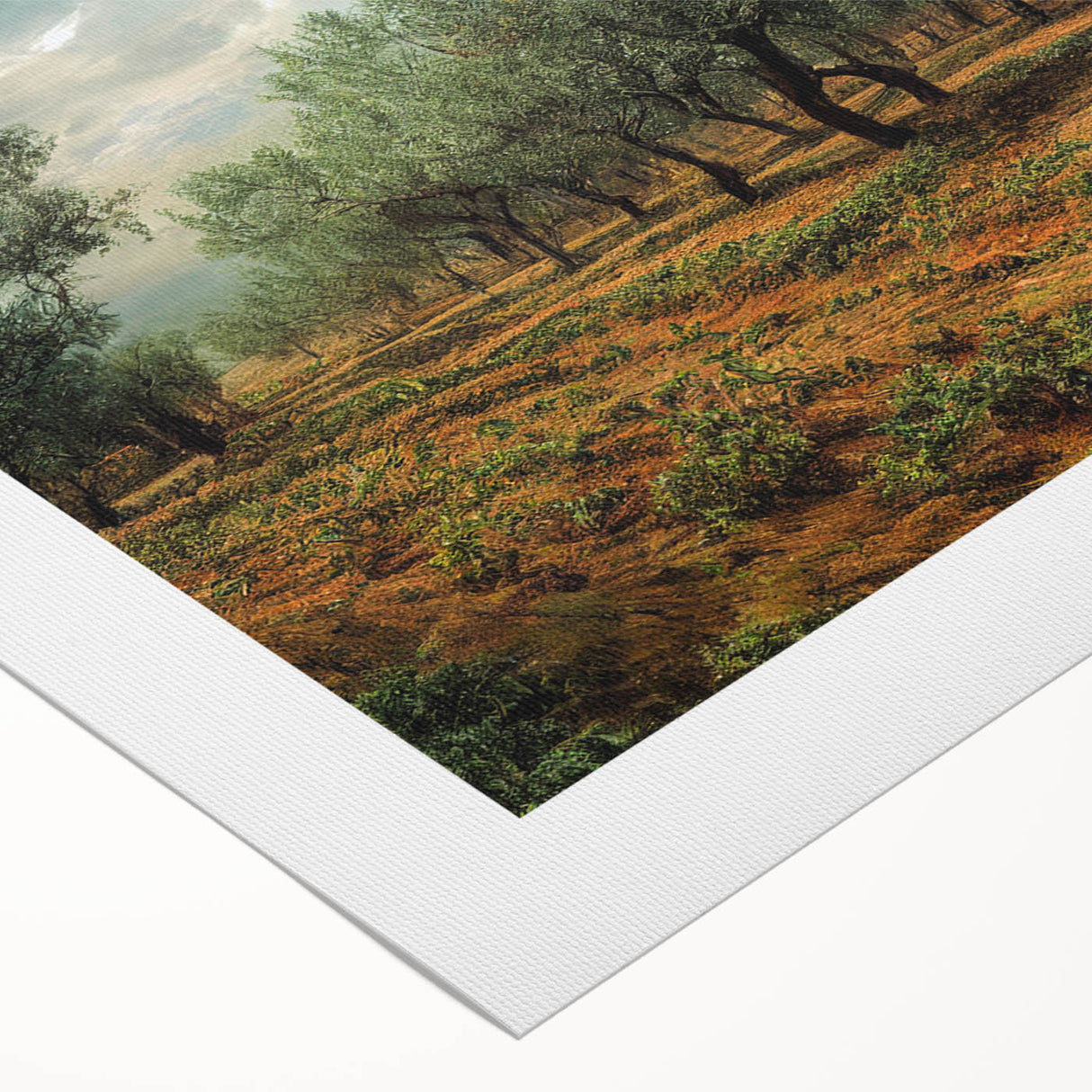 Art deco poster of an Albanian landscape on rolled canvas, featuring muted earth tones, ideal for dining room wall art.
