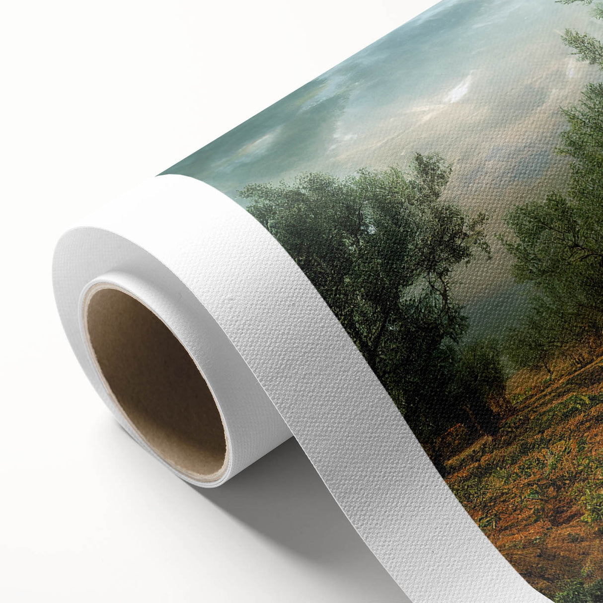 Art deco poster of an Albanian landscape on rolled canvas, featuring muted green and beige tones.