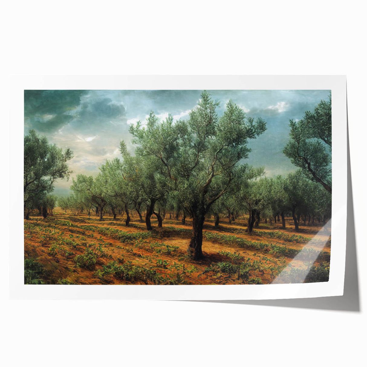 Extra large rolled print of an Albanian landscape with vibrant greenery and muted sky, ideal for dining room wall art.
