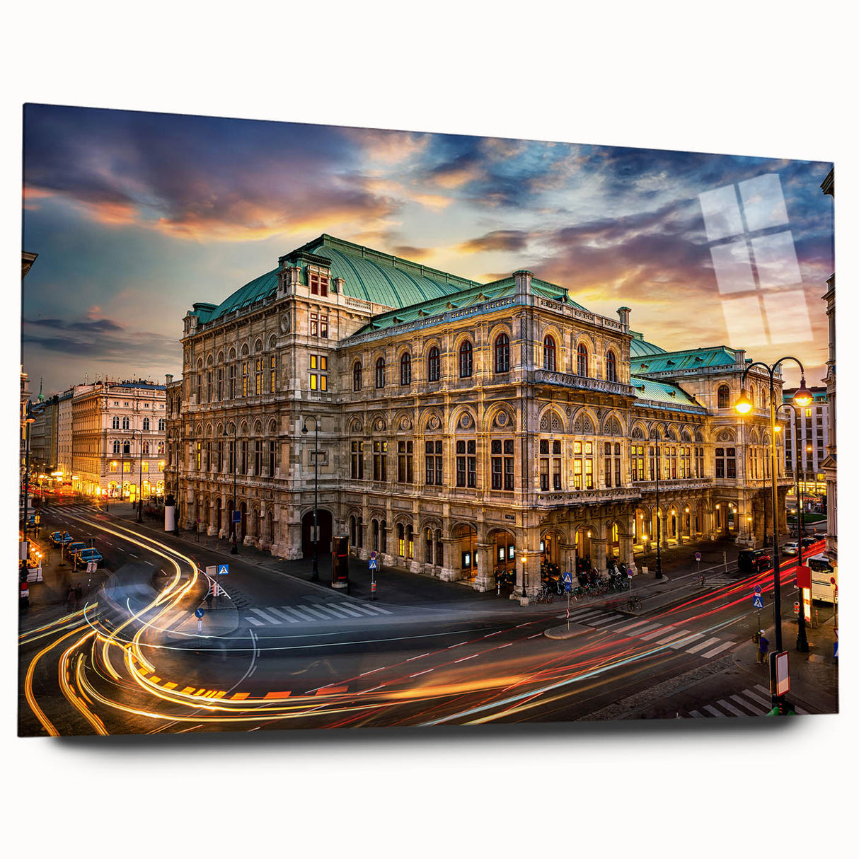 Large abstract depiction of a European landscape in muted blue and green tones on acrylic glass.