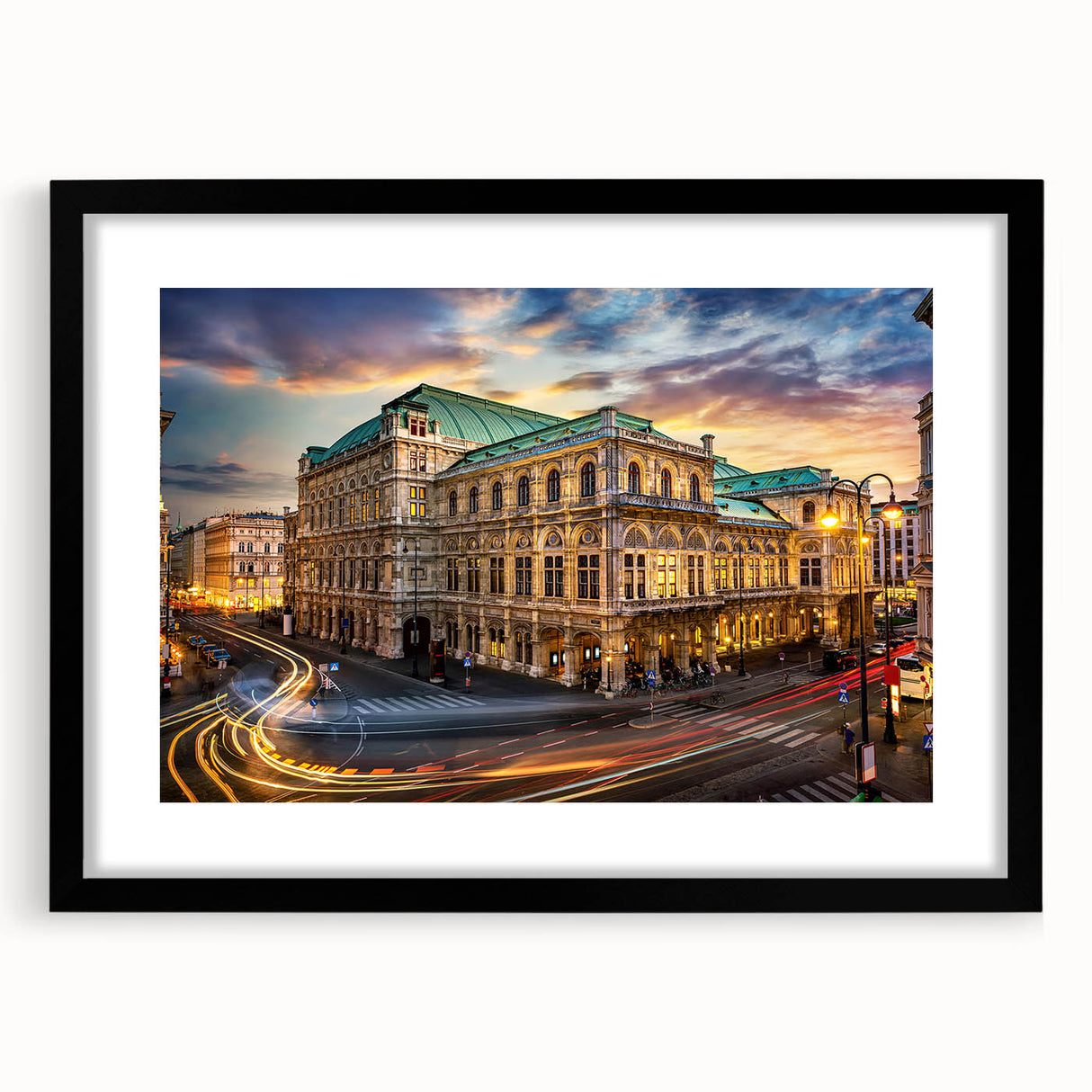 Extra large abstract art print of a colorful Austrian landscape, textured on a black framed canvas.