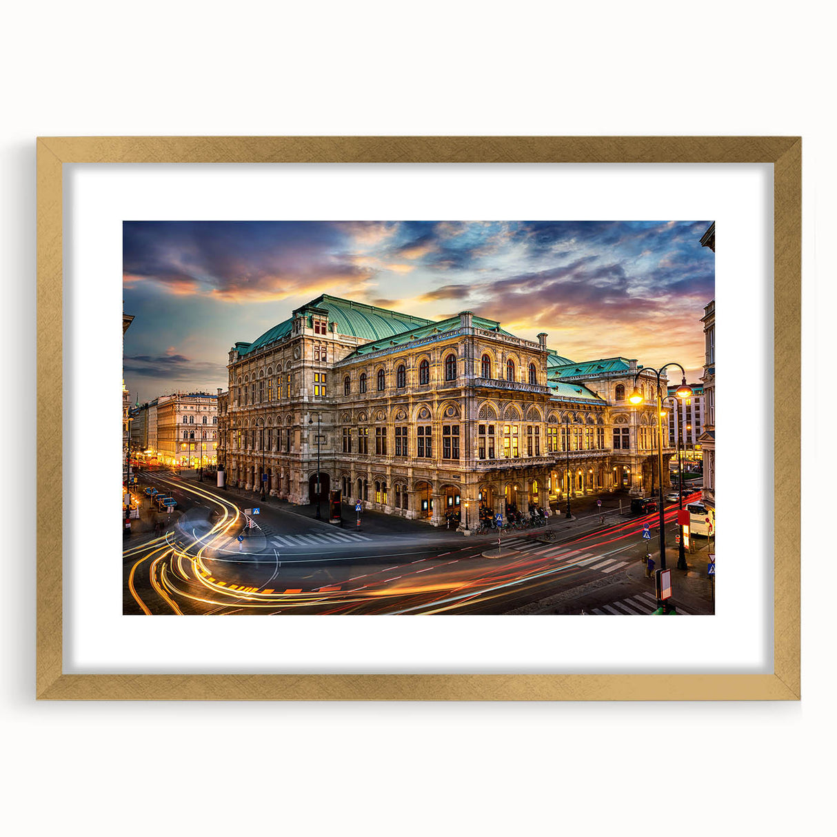 Abstract art print featuring a stylized European landscape in muted earth tones, framed in gold.