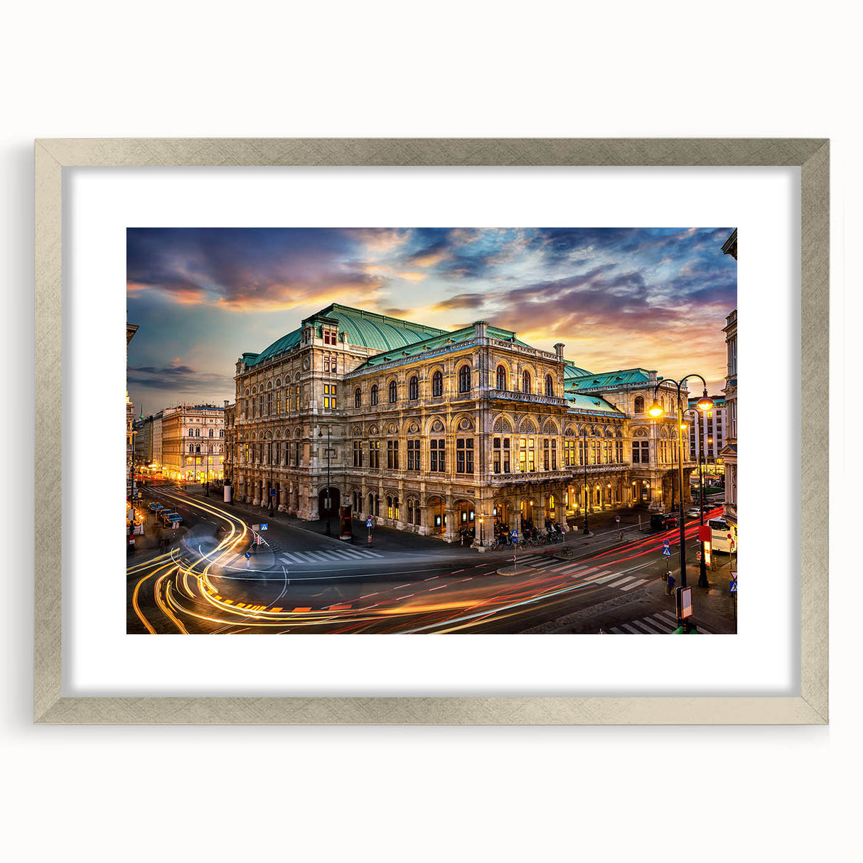 Extra large abstract art print depicting textured scenery of Austria, in muted earth tones, framed in silver.