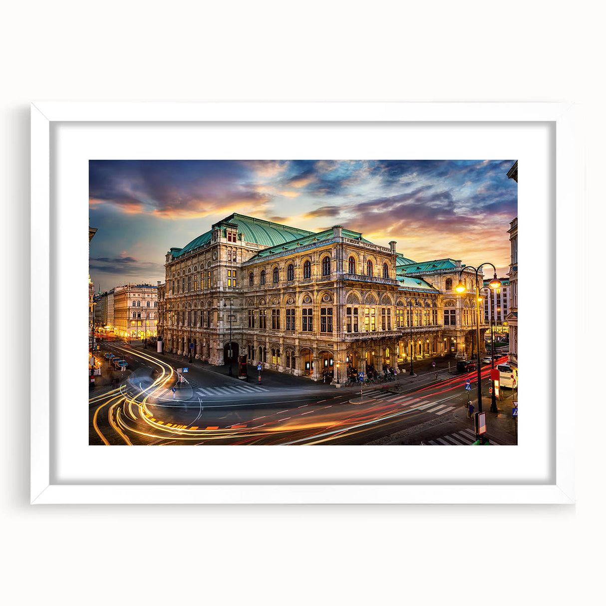Textured abstract art print of a European scenery in muted earth tones, framed with a white mat, ideal for bedroom art.