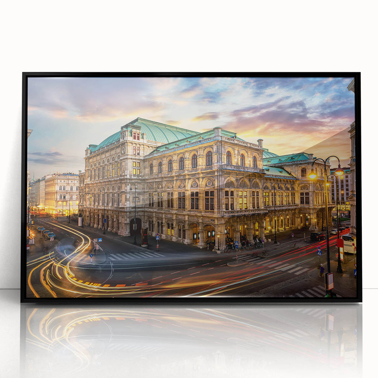 Large abstract wall art depicting a European scenery in muted earth tones on a framed acrylic.