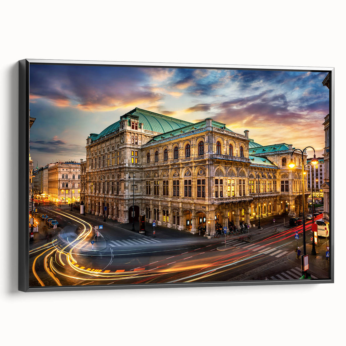 Black and white wall art featuring a vintage poster-style landscape of an Austrian scenery on a framed canvas.