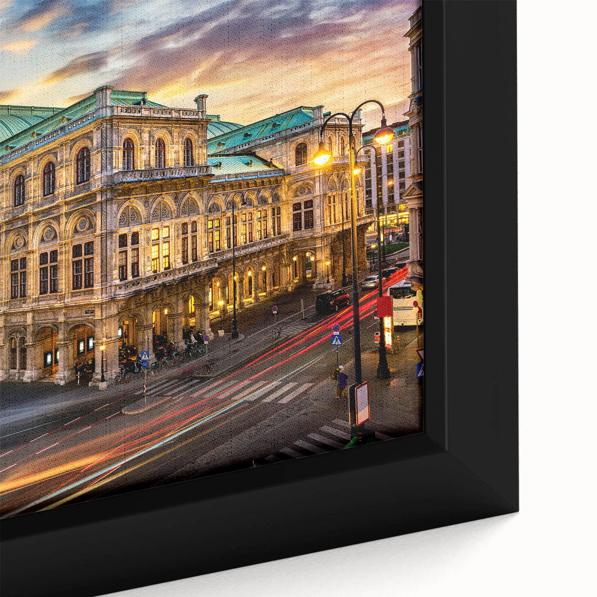 Close-up of extra large framed canvas featuring a textured black wall art scene of an Austrian landscape with colorful…