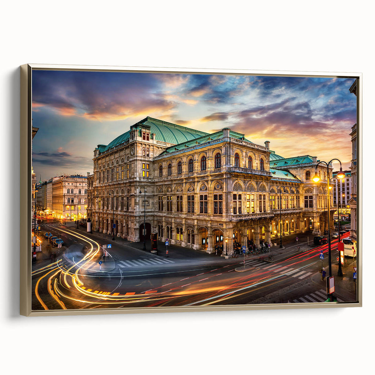 Framed canvas depicting a vintage-style Austrian landscape in muted gold and black tones, ideal for bedroom wall decor.