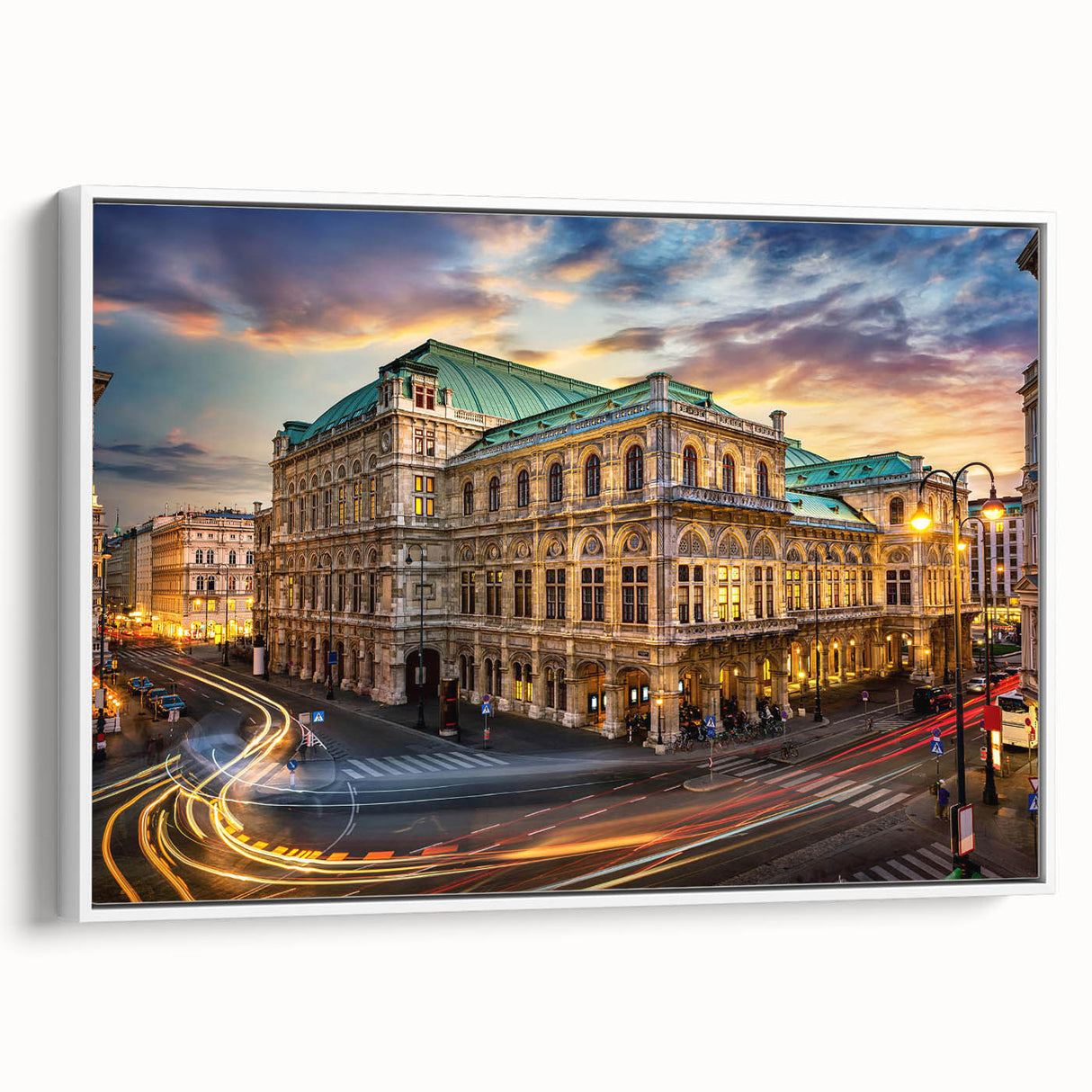 Vintage poster art of a European scenic view in vibrant colors on a large framed canvas, ideal for living room decor.