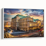Vintage poster art of a European scenic view in vibrant colors on a large framed canvas, ideal for living room decor.