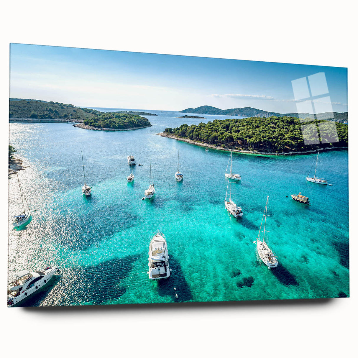 Acrylic print of a Croatian landscape in muted blues and greens, ideal for bedroom or dining room art.
