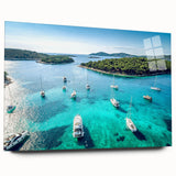 Acrylic print of a Croatian landscape in muted blues and greens, ideal for bedroom or dining room art.