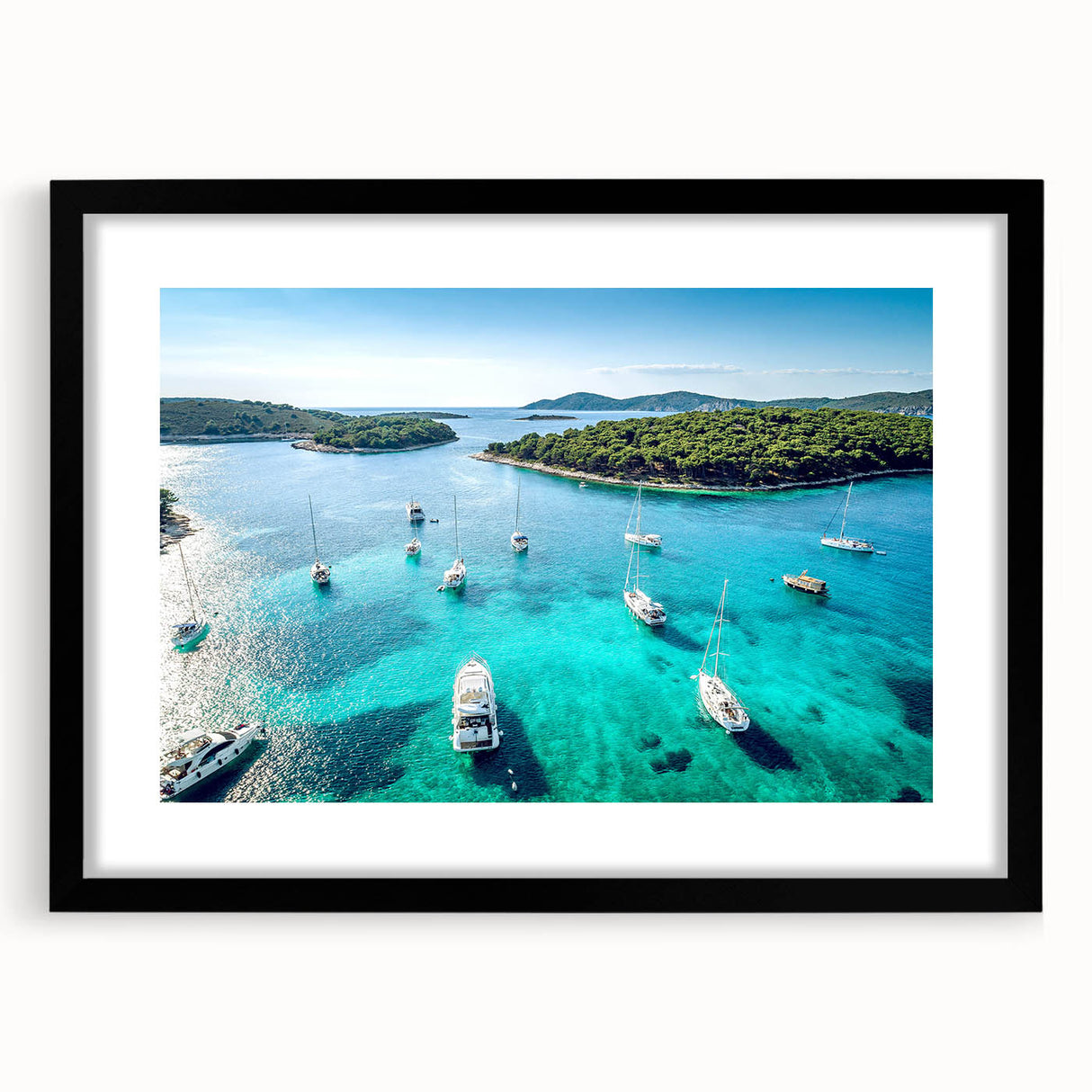 Extra large abstract art print of a colorful European scenery on textured canvas, framed in black.