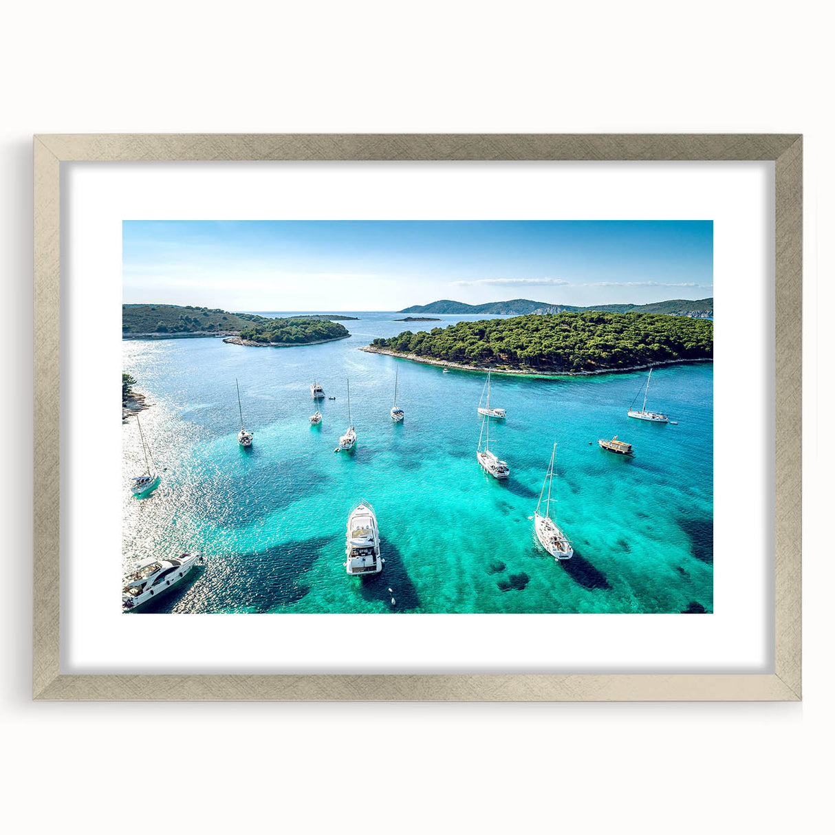 Extra large wall art featuring an abstract depiction of a Croatian landscape in textured blues and greens, framed in silver.