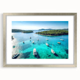 Extra large wall art featuring an abstract depiction of a Croatian landscape in textured blues and greens, framed in silver.