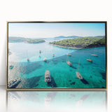 Acrylic print of a Croatian landscape in muted gold and green tones, framed in gold, ideal for modern art wall decor.