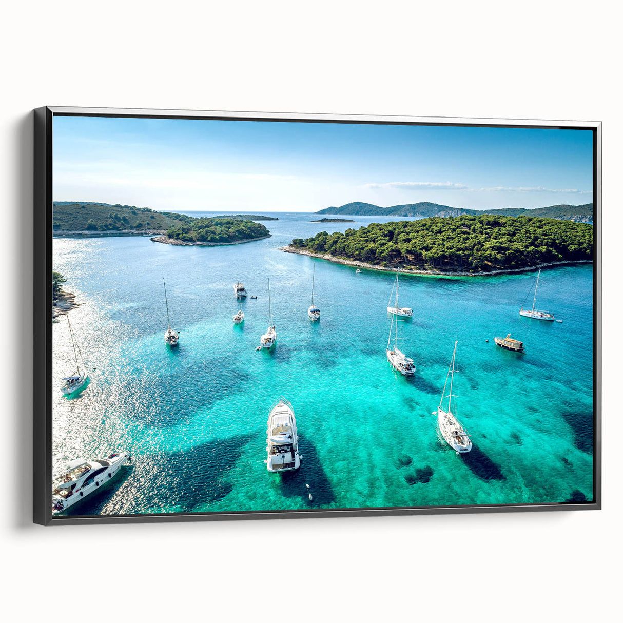 Black and white framed canvas featuring a vintage-style Croatian landscape, ideal for bedroom wall art.