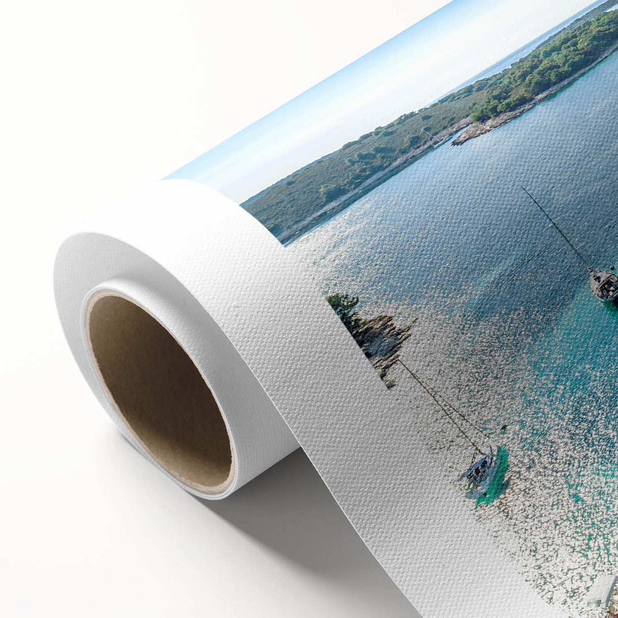 Art deco poster of a Croatian landscape in pastel colors on rolled canvas, ideal for nursery wall art.