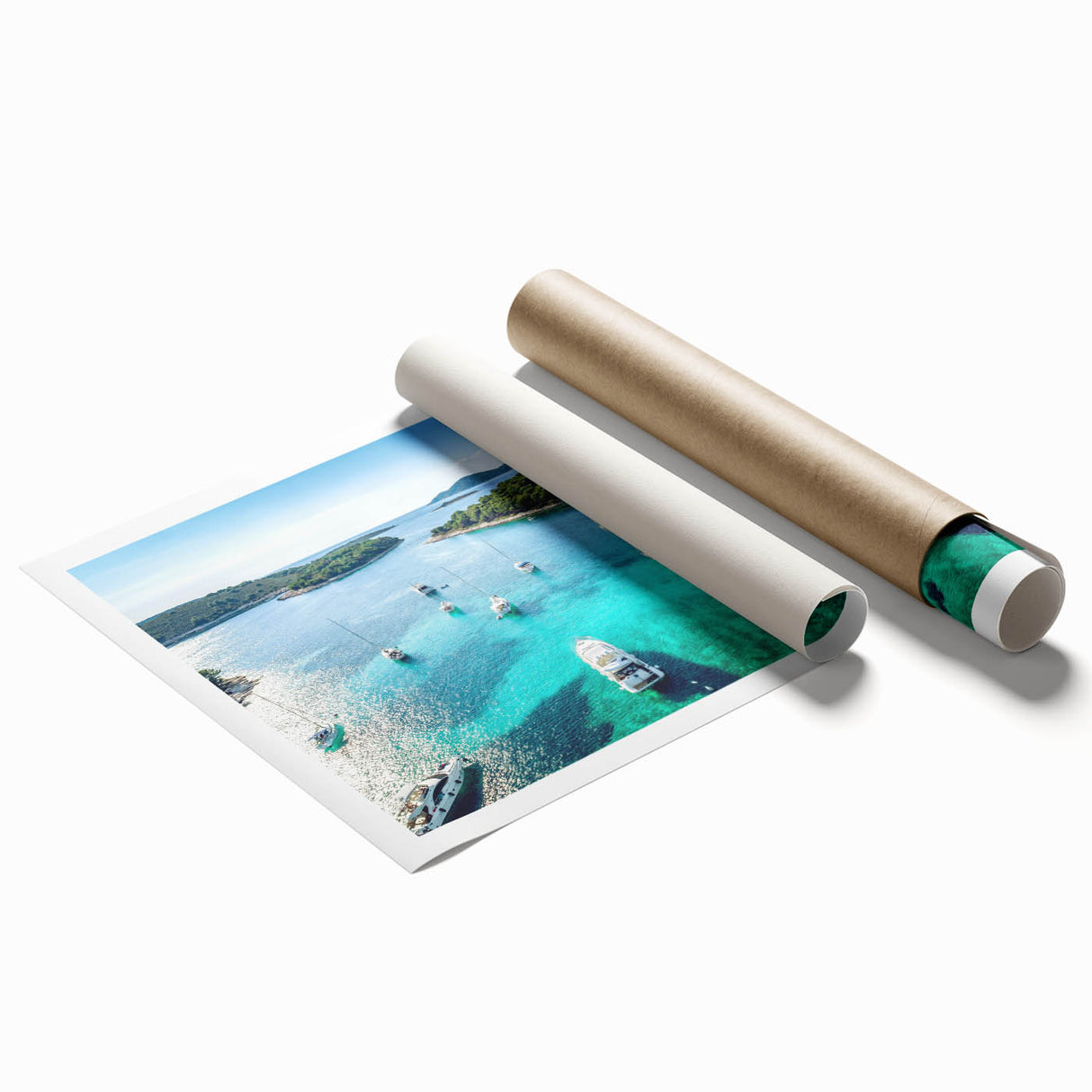 Rolled print of a Croatian landscape with vibrant greenery and coastal views, ideal for classy bathroom wall art.