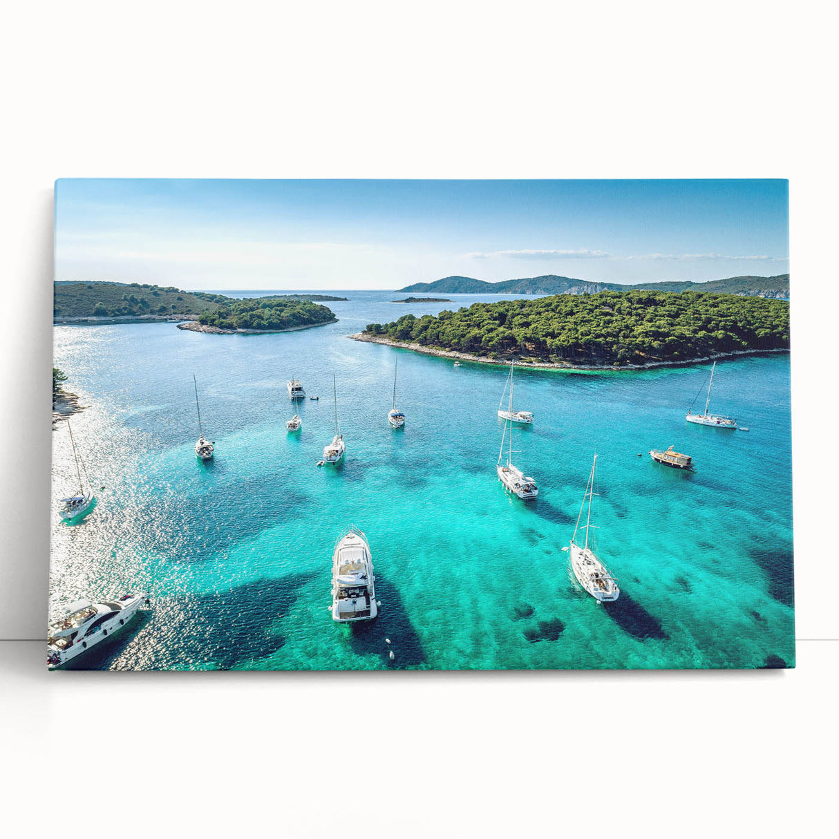 Black and white photo of a European coastal town on large stretched canvas, suitable as kitchen wall art.