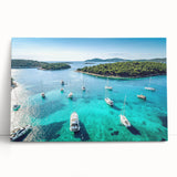 Black and white photo of a European coastal town on large stretched canvas, suitable as kitchen wall art.