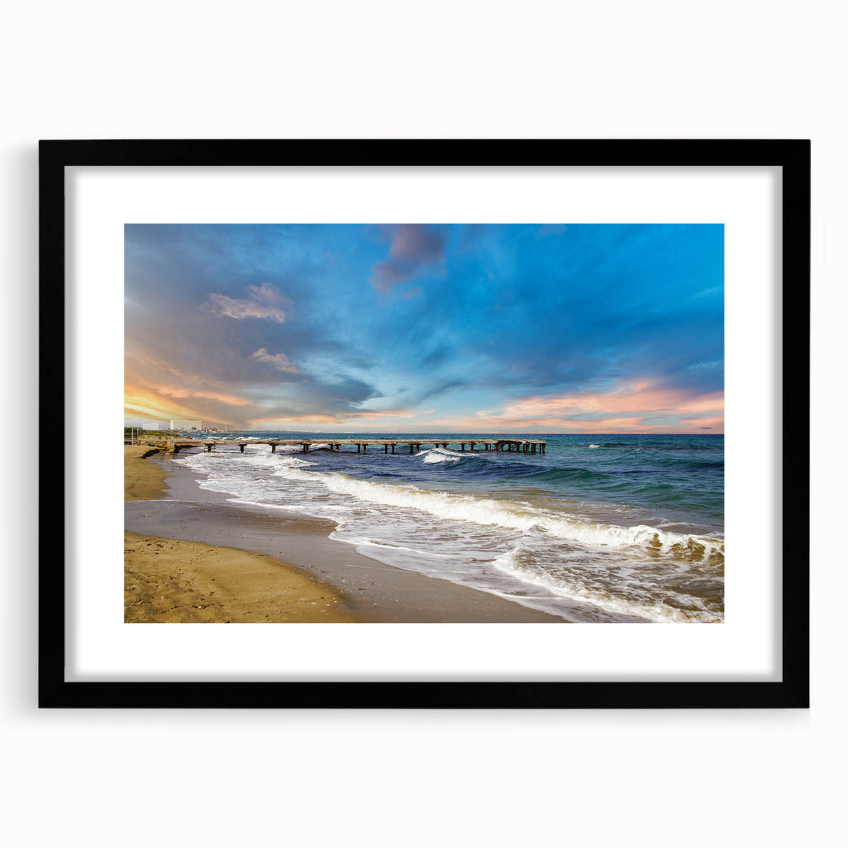 Extra large abstract art print of a vibrant, colorful European scenery on a textured canvas, framed in black.