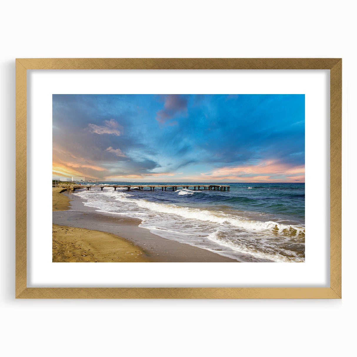 Abstract art print of a European landscape in muted gold and blue tones, framed with a gold mat.