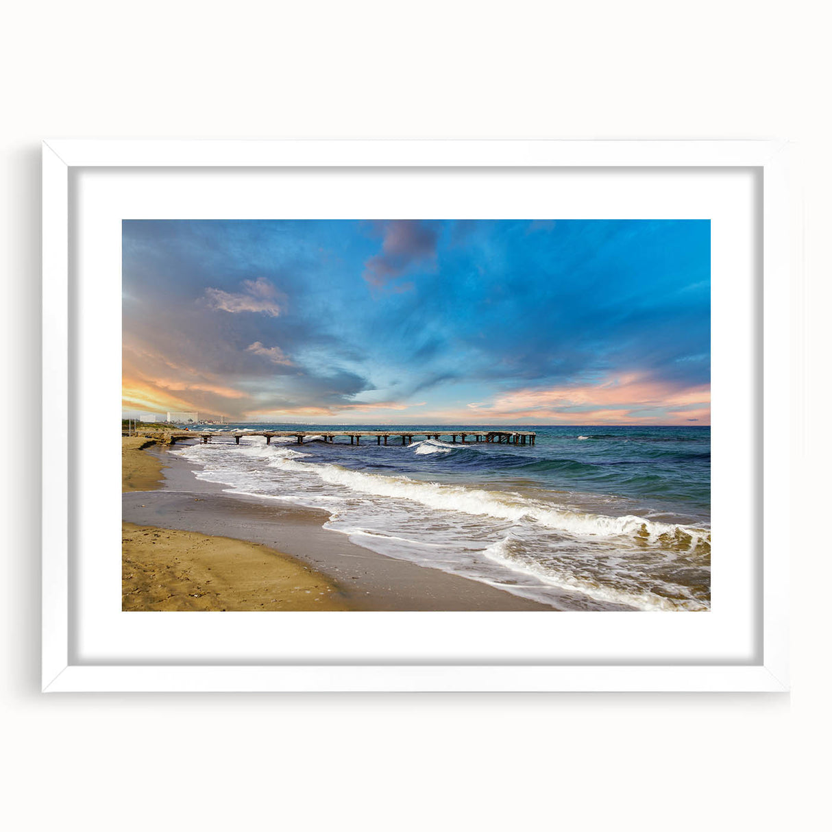 Textured abstract art print depicting a European Cyprus landscape in muted earth tones on a framed white mat.