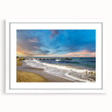 Textured abstract art print depicting a European Cyprus landscape in muted earth tones on a framed white mat.