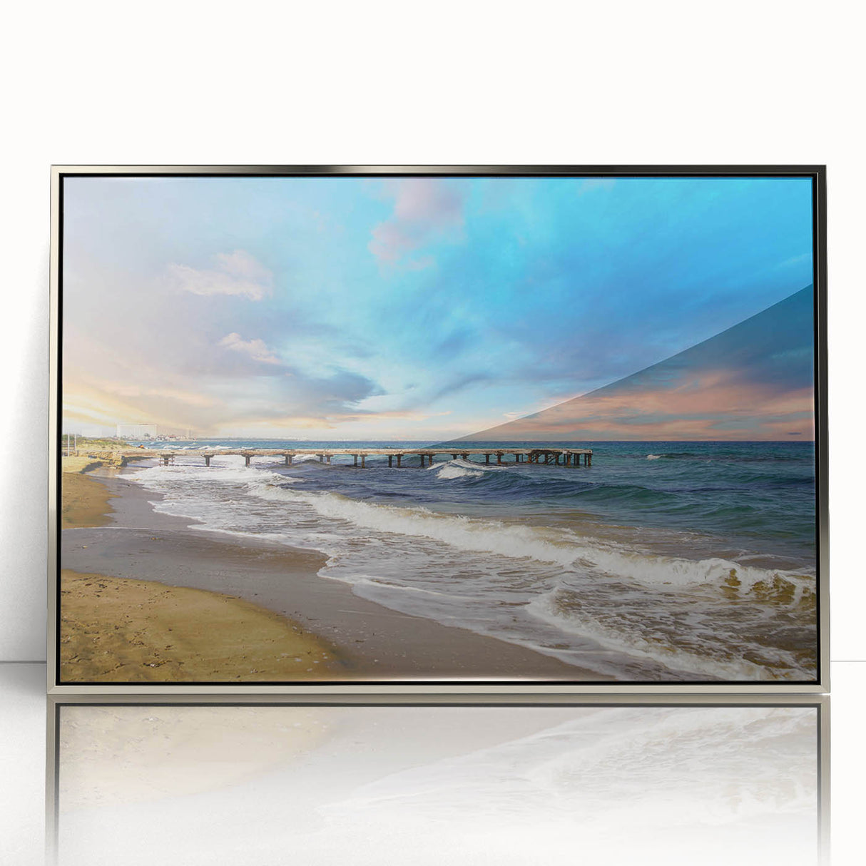 Large art print of a European Cyprus landscape in muted earth tones, framed in silver acrylic.