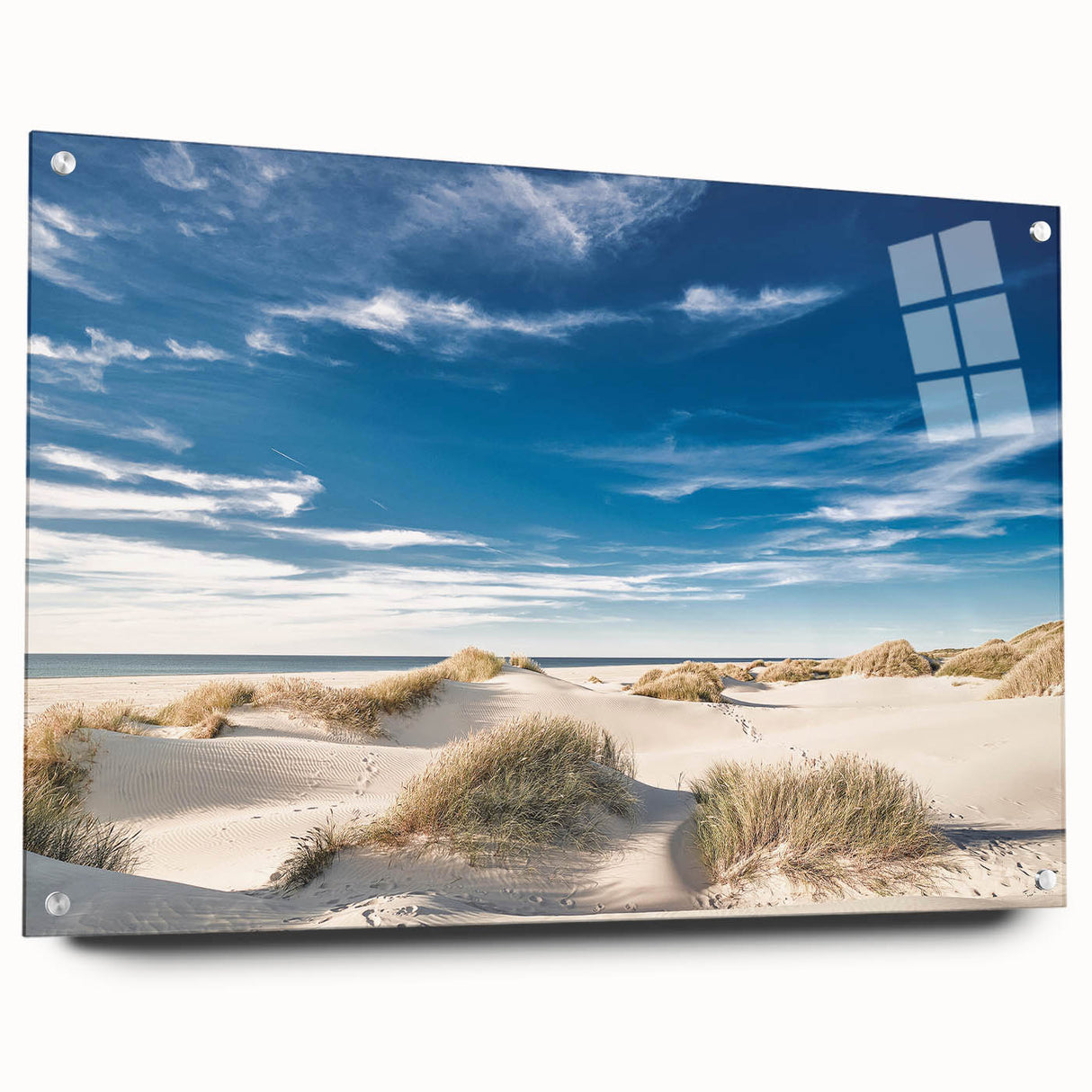 Acrylic print of a Danish landscape in muted green and blue tones, suitable for dining room decor.