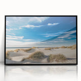 Large abstract wall art depicting a European Danish landscape in muted earth tones on a framed acrylic print.