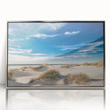 Large art print of a European Danish scenery in muted earth tones on a silver-framed acrylic.