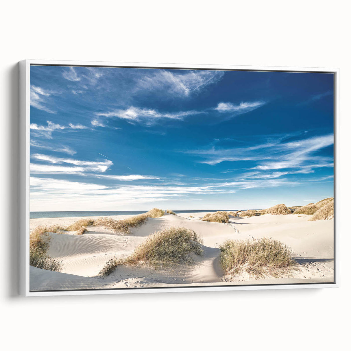 Framed canvas of a vintage landscape art painting depicting a serene Danish scenery in colorful hues.