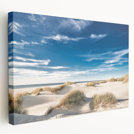 Large stretched canvas depicting a serene Danish landscape in muted green and blue tones, ideal for kitchen wall art.