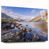 Large abstract wall art of Cumbria, England, with muted earth tones on acrylic glass, ideal for bedroom or dining room decor.