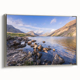 Landscape art painting of Cumbria, England featuring colorful hills and a lake, presented on a silver-framed canvas.