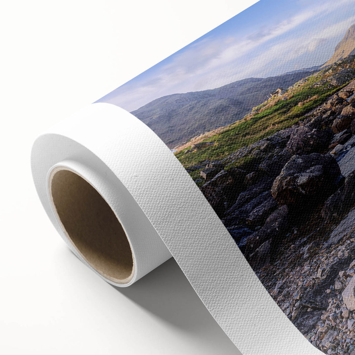 Art deco poster of Cumbria landscape in muted green and blue tones on rolled canvas, ideal for nursery wall art.