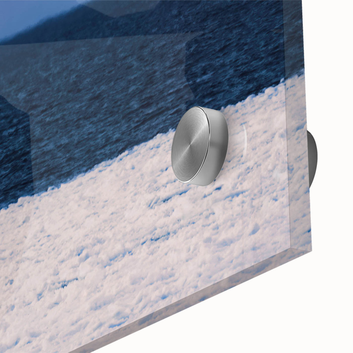 Large abstract wall art featuring muted tones of blue and gray, printed on acrylic glass, ideal for dining room art.