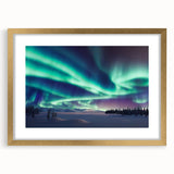 Abstract art print of a serene Finnish landscape in muted blue and green tones, framed in gold.