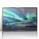 Art Deco style poster depicting a serene Finnish landscape in muted gold and blue tones, framed acrylic.