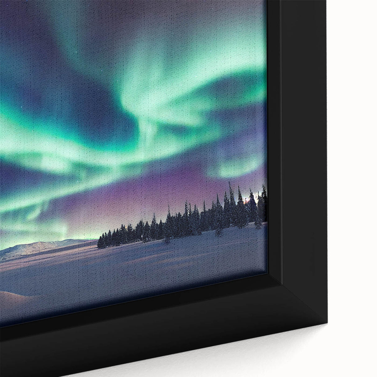Black wall art featuring a textured Finnish landscape with vibrant color accents on a framed canvas.