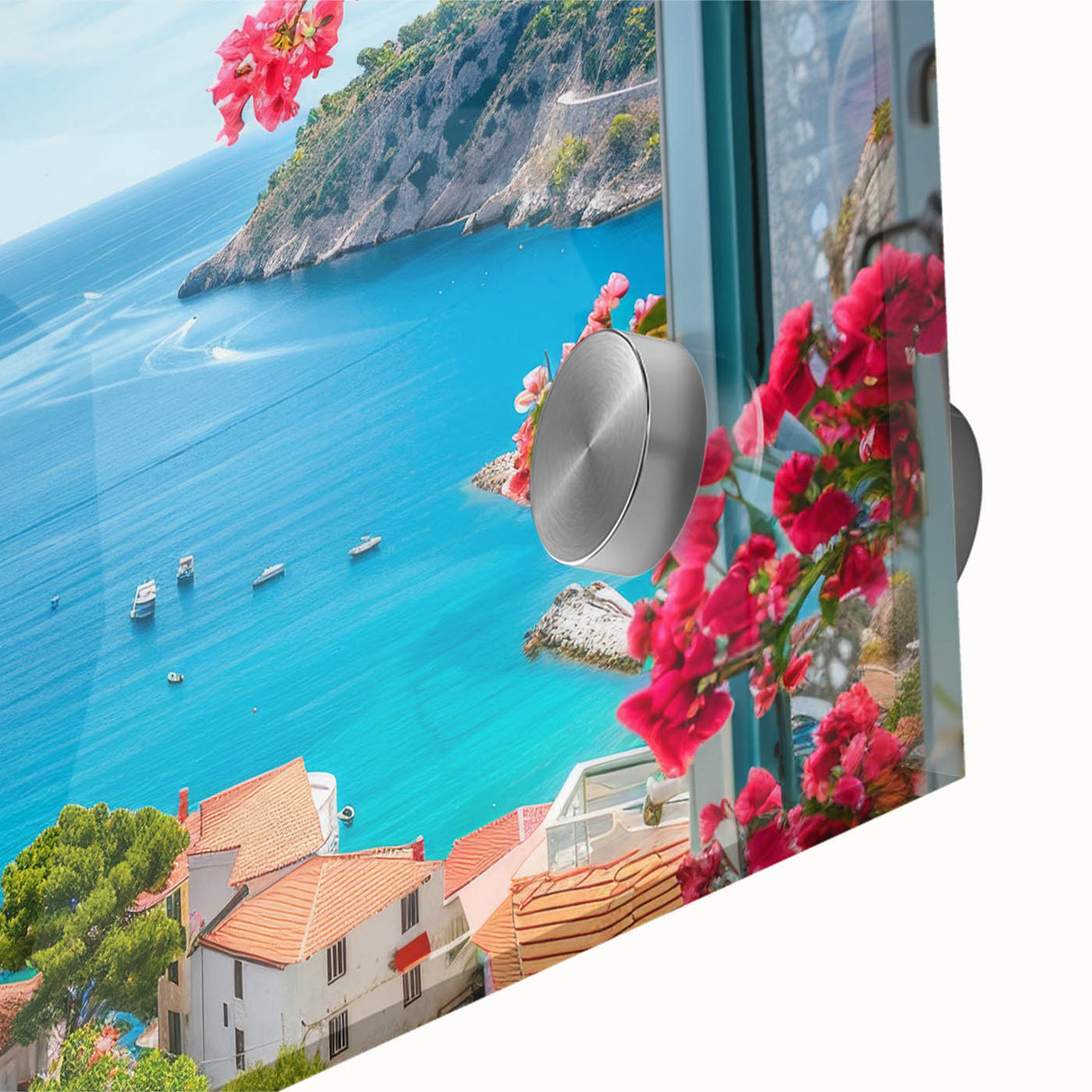 Mid-century modernist acrylic glass print of abstract Provence scenery in earth tones, ideal for dining room art.