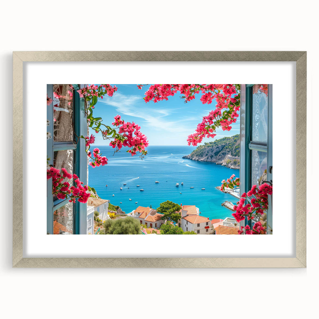 Extra large abstract art print of a Provencal landscape, featuring textured brush strokes in earthy tones, framed in silver.