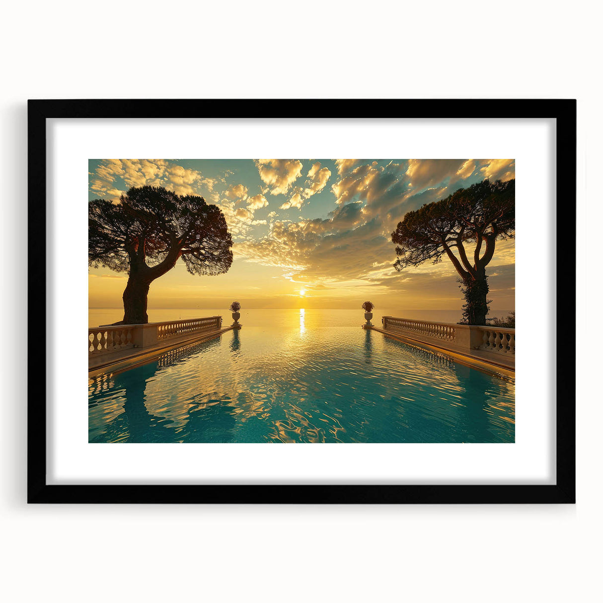 Abstract art print of a colorful, textured European scenery in a large black frame, ideal for living room decor.