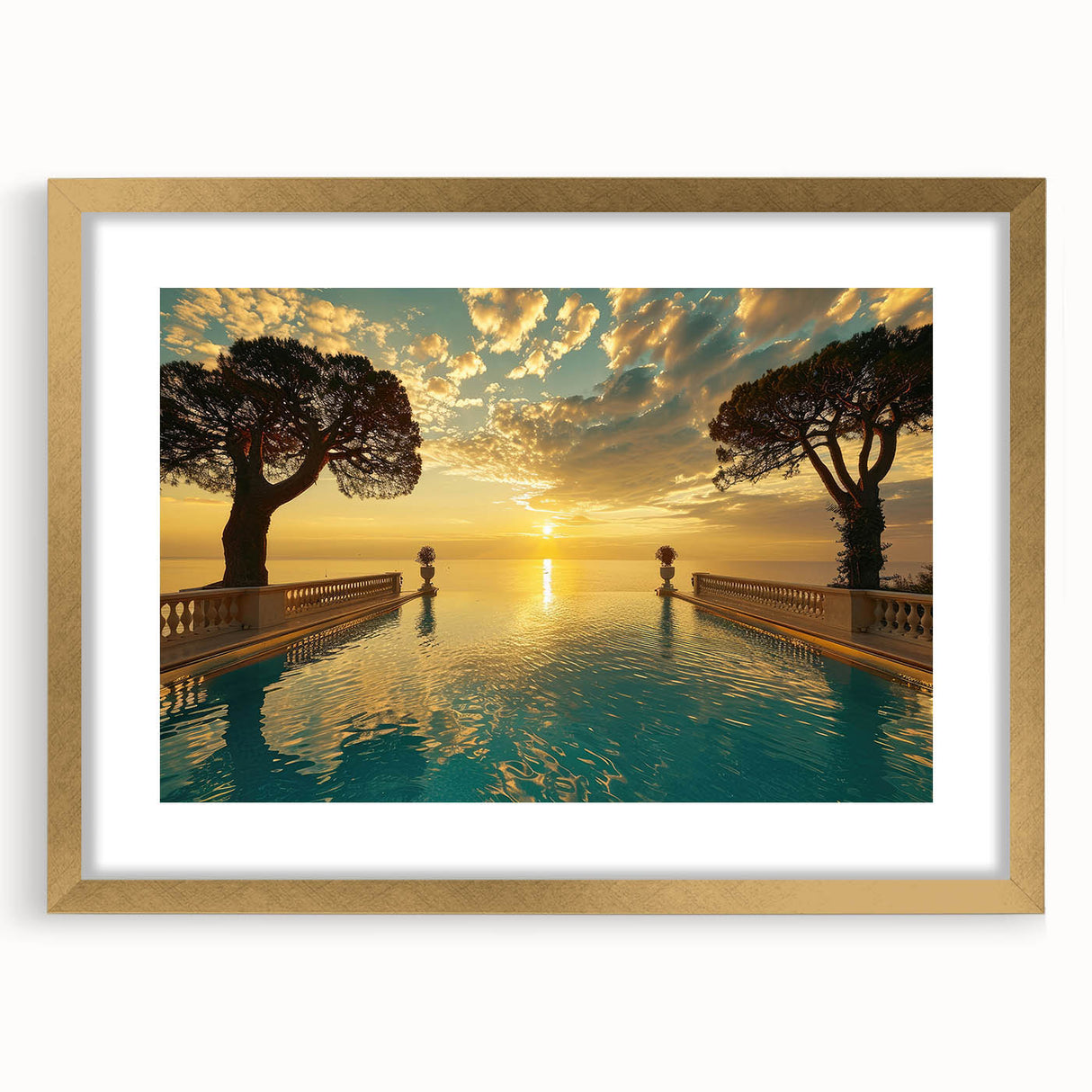 Abstract art print of a southern France landscape in gold frame, featuring muted earth tones, ideal for dining room decor.