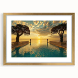 Abstract art print of a southern France landscape in gold frame, featuring muted earth tones, ideal for dining room decor.