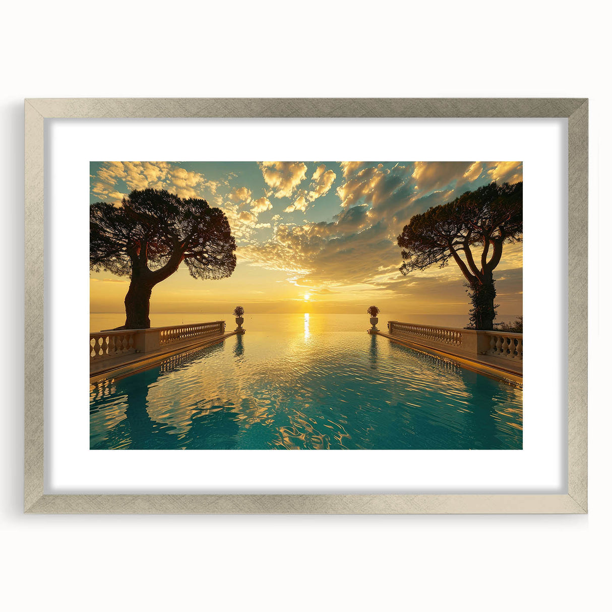 Abstract art print depicting a textured European scenery in muted earth tones, framed in silver, ideal for living room decor.